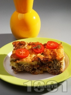 Гръцка мусака с патладжан (син домат), ориз и кайма на фурна със заливка от брашно, яйца и мляко - снимка на рецептата